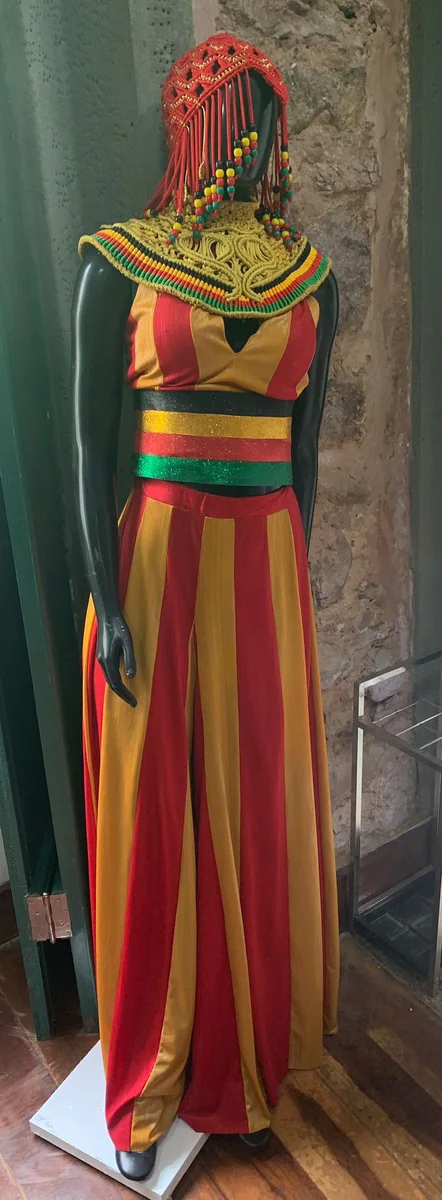 Traje carnavalesco nas cores panafricanas fotografado em 2024